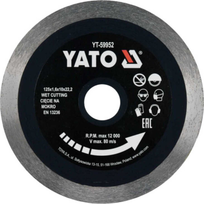 Диск алмазний для мокрого різання Yato125*1,6*10*22,2 мм 59952