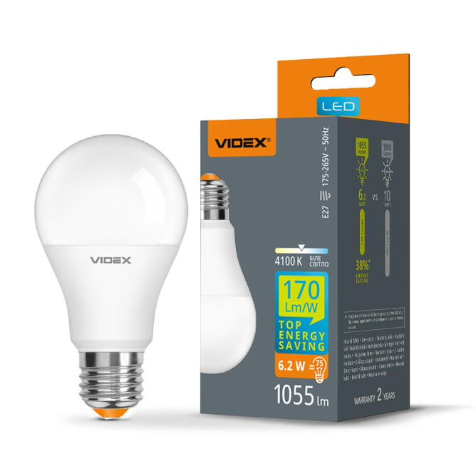 Лампа LED VIDEX A60h 6.2W E27 4100K 28405