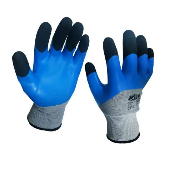 Рукавички WERK поліестер сірі з синім покриттям латексним посилений (чорні пальці) WE2139H