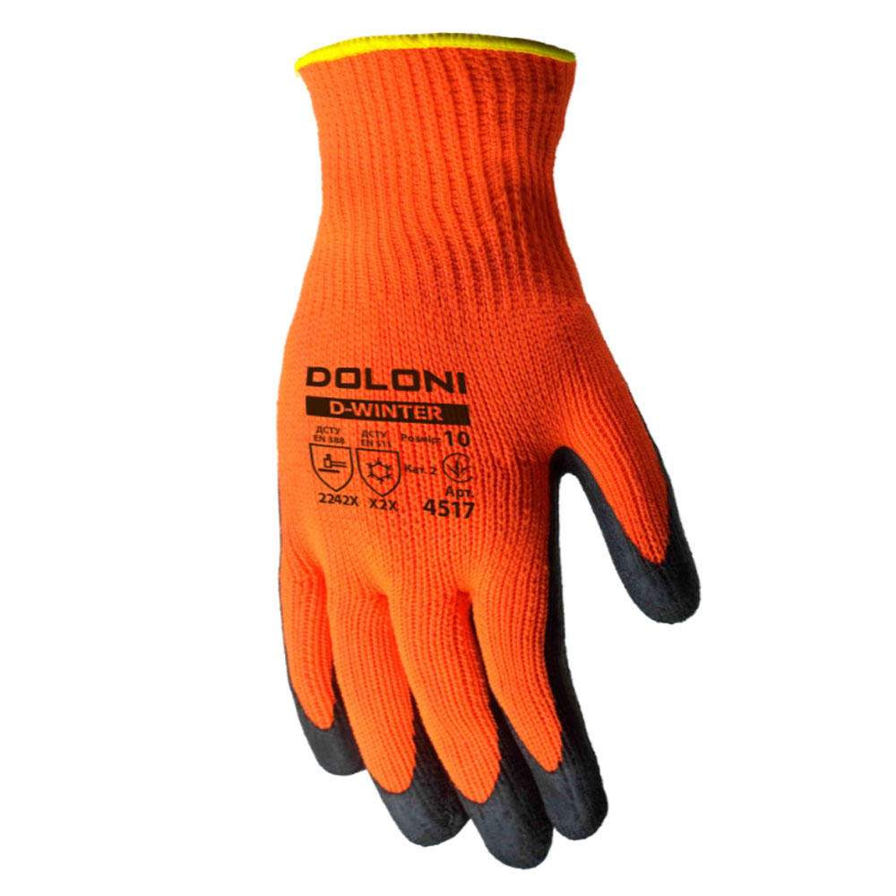 Рукавички D-WINTER помаранчеві, з латек.покр. неповн. облив, чорний р.10 Doloni 4517