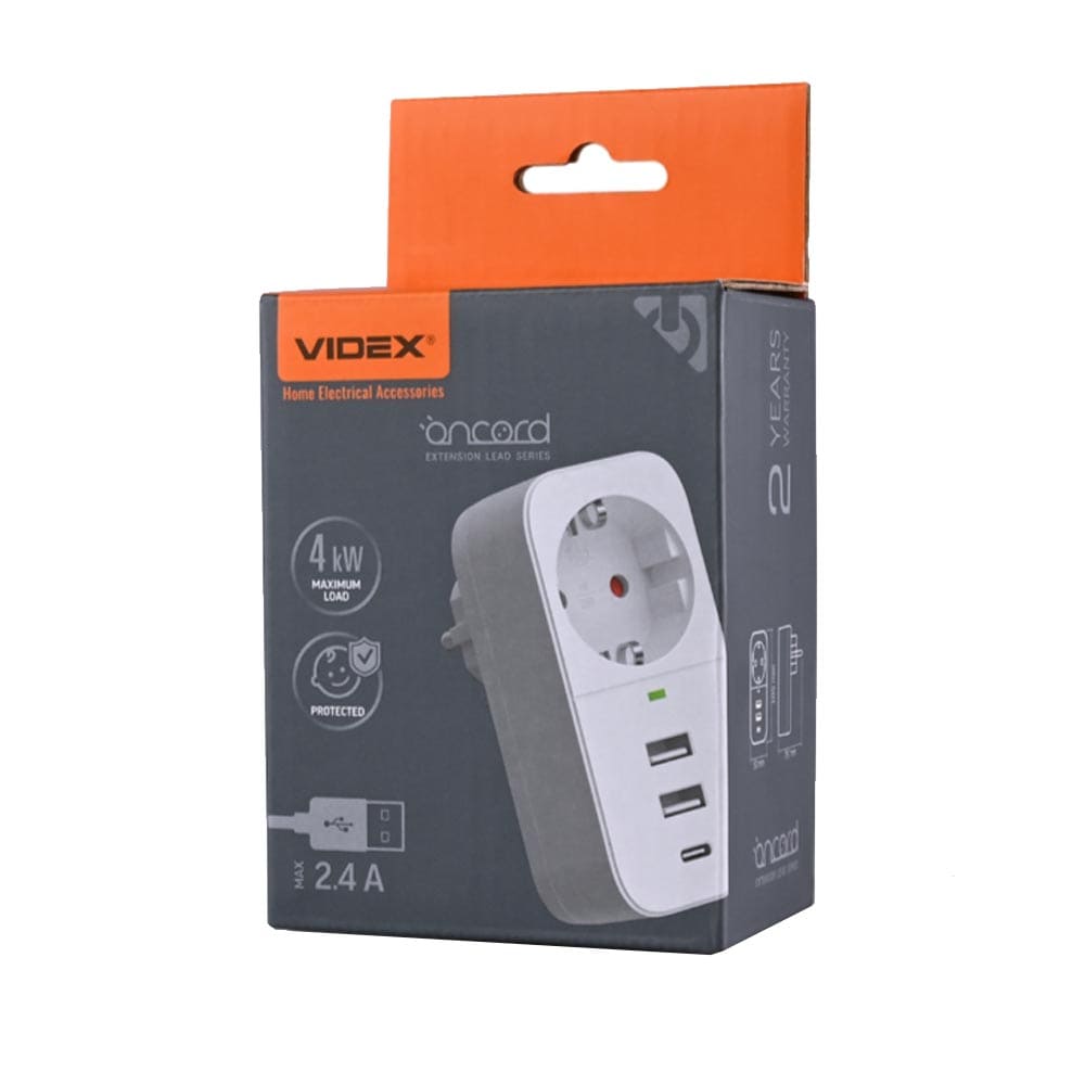 Мережевий адаптер VIDEX ONCORD із заземленням розетка +2USB+1 Tupe C білий 27697
