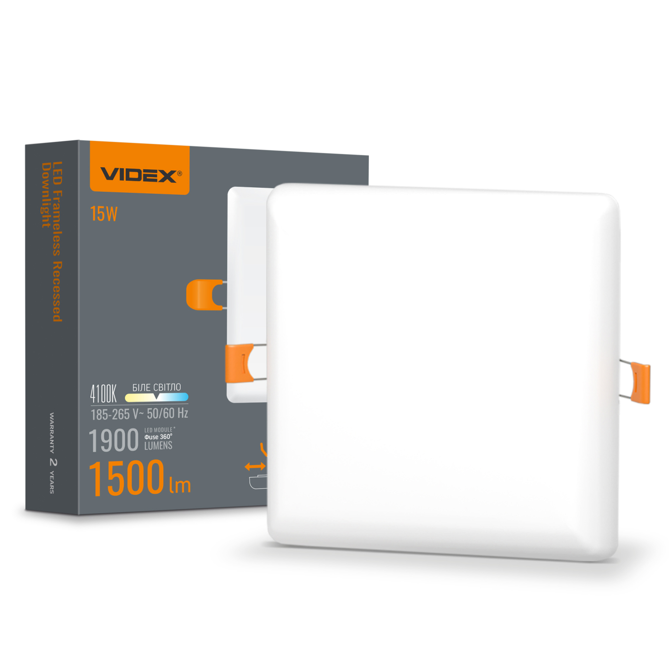 LED світильник безрамковий квадратний VIDEX 15W 4100K 25142