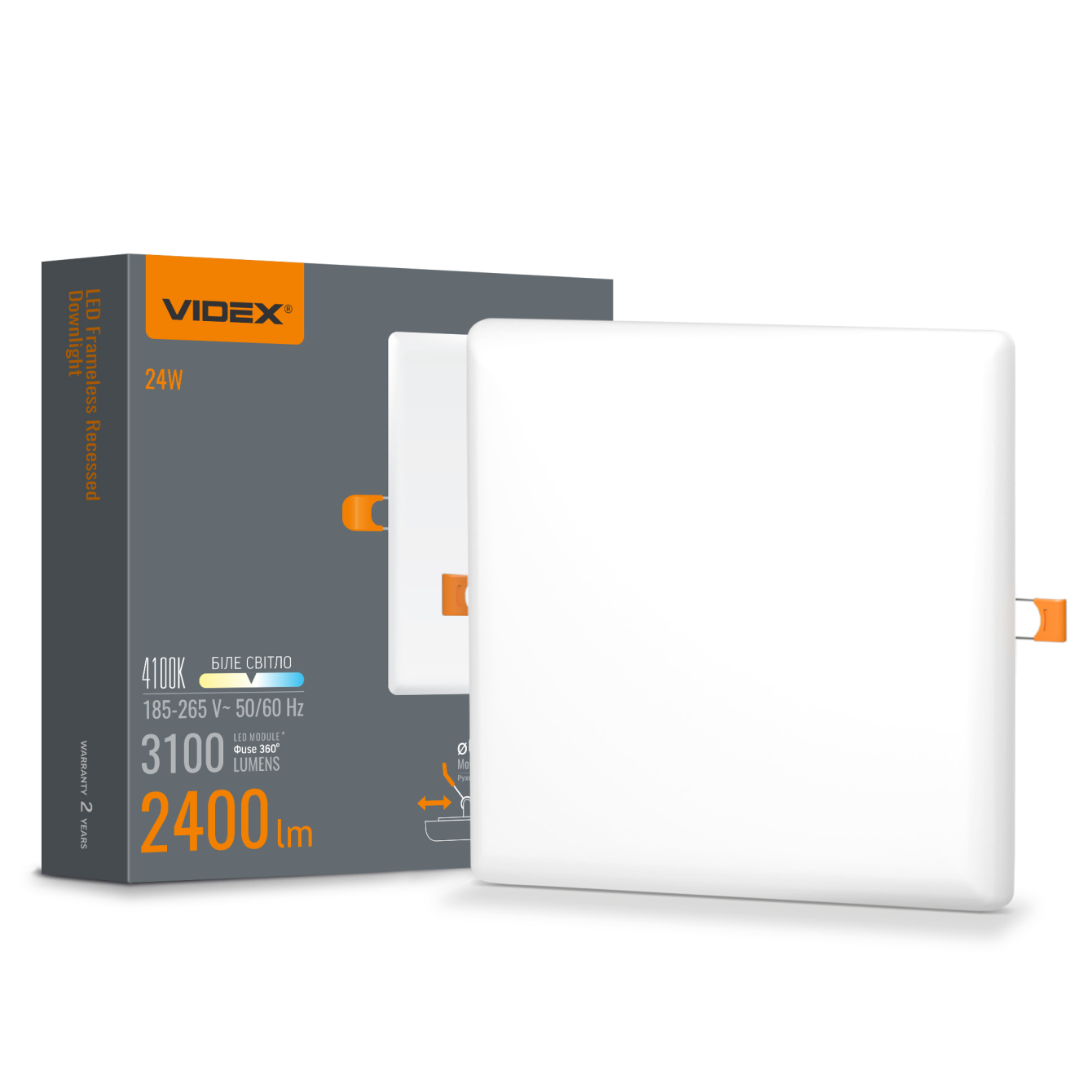LED світильник безрамковий квадратний VIDEX 24W 4100K 25143