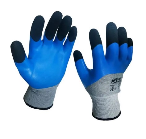 Рукавички WERK поліестер сірі з синім покриттям латексним посилений (чорні пальці) WE2139H