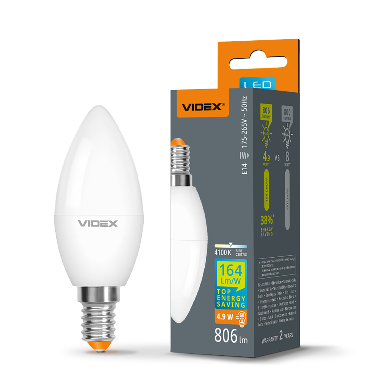 Лампа LED VIDEX C37h 4.9W E14 4100K 28407