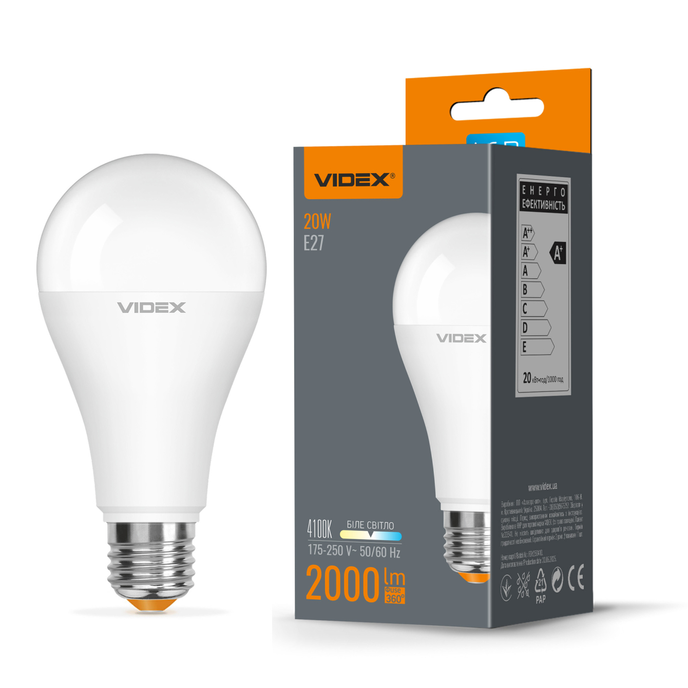 Лампа LED Videx A65e 20W E27 4100K 24350